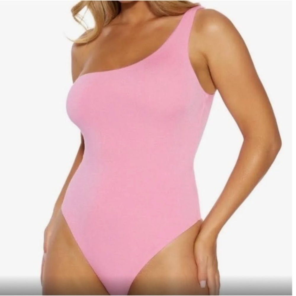 Naked Wardrobe Pink One Shoulder Thong Bodysuit. NWT 3X #724